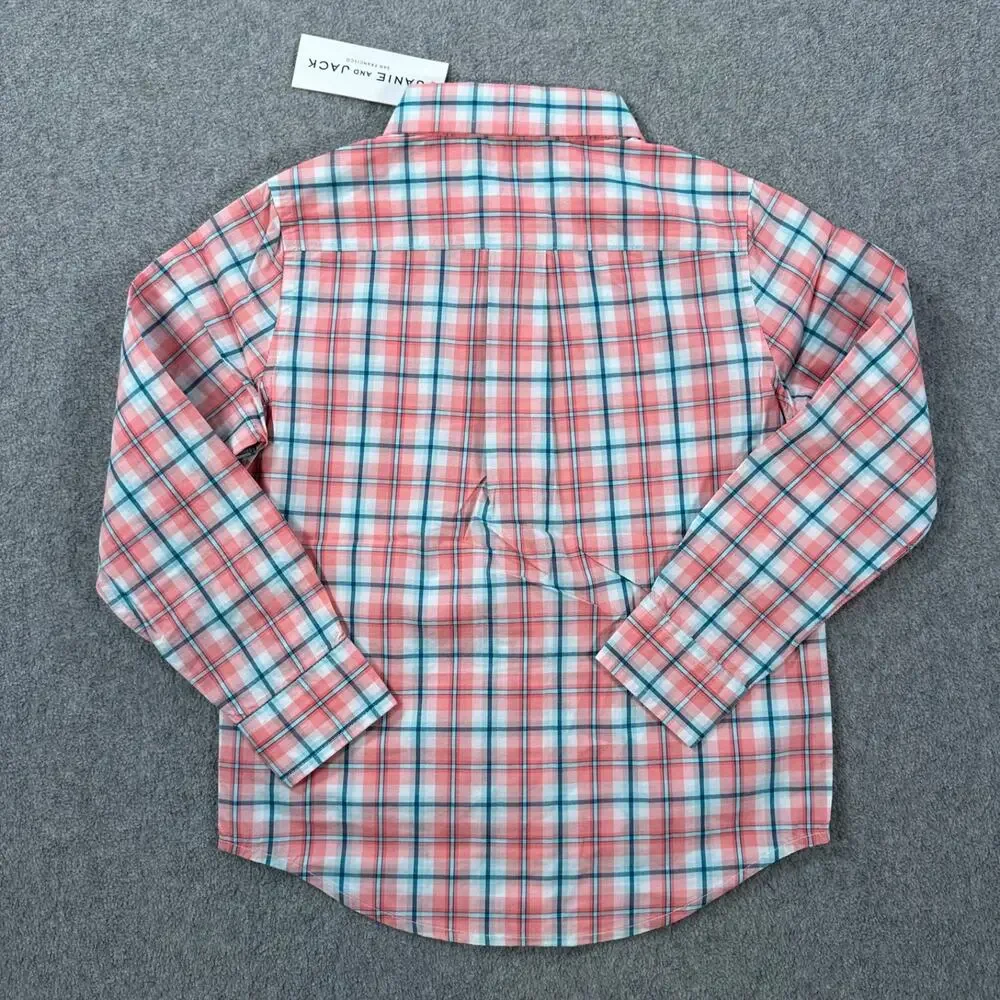 Janie and Jack Button Front Shirt Boys Size 4 Pink Plaid Cotton Long Sleeve